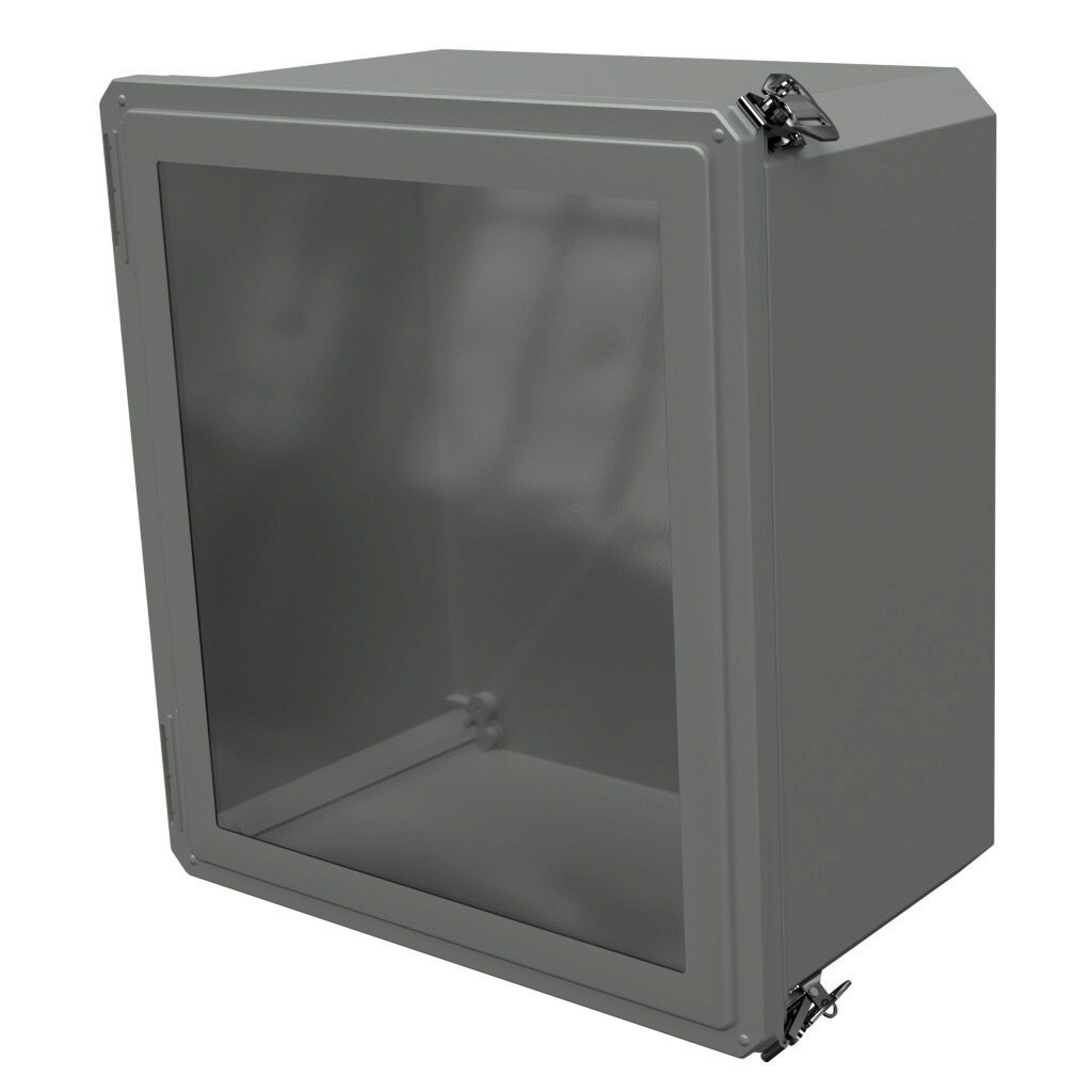 DSW181610HLL - Stahlin Diamond Shield series enclosure, NEMA 1/3/3S/4X/12/13, 18 x 16 x 10in (HxWxD), wall mount, fiberglass reinforced polyester, gray, crowned single-door, twist-lock latch, padlock hasp and staple, SAR acrylic window.