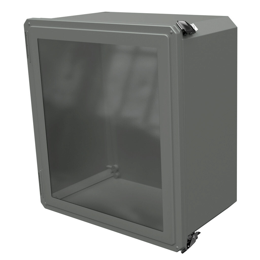 DSW181610HPL - Stahlin Diamond Shield series enclosure, NEMA 1/3/3S/4X/12/13, 18 x 16 x 10in (HxWxD), wall mount, fiberglass reinforced polyester, gray, crowned single-door, quick-release latch, padlock hasp and staple, SAR acrylic window.