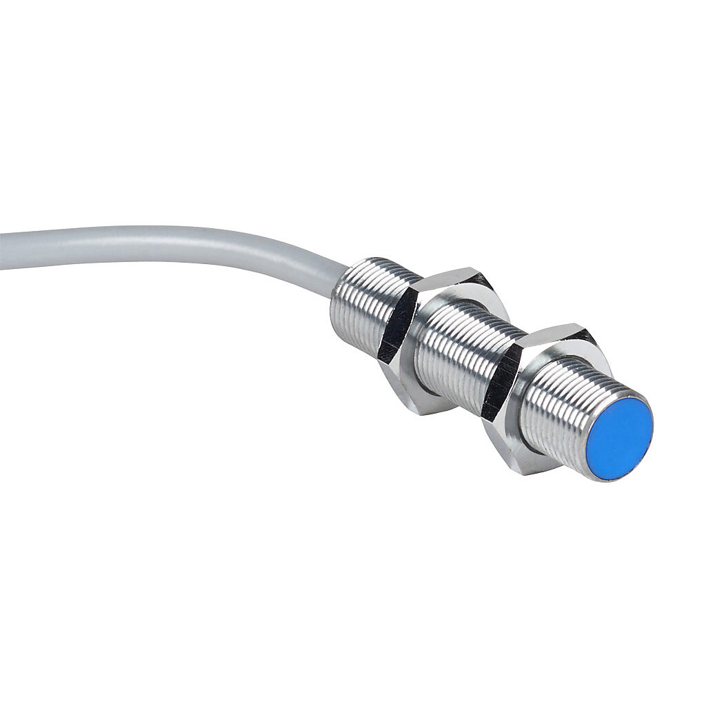 DW-AD-501-M12 - Contrinex inductive proximity sensor, tubular, 12mm diameter x 50mm body, chrome-plated brass housing, NPN, N.O. output, 6mm sensing distance, semi-flush, 800 Hz switching frequency, IP67, pigtail.