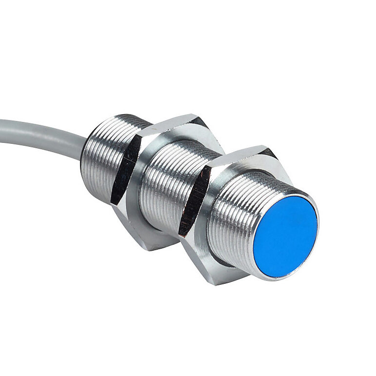 DW-AD-501-M18 - Contrinex inductive proximity sensor, tubular, 18mm diameter x 51mm body, chrome-plated brass housing, NPN, N.O. output, 12mm sensing distance, semi-flush, 600 Hz switching frequency, IP67, pigtail.
