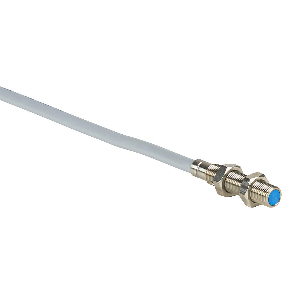 DW-AD-501-M5 - Contrinex inductive proximity sensor, tubular, 5mm diameter x 25mm body, nickel silver housing, NPN, N.O. output, 2.5mm sensing distance, semi-flush, 800 Hz switching frequency, IP67, pigtail.