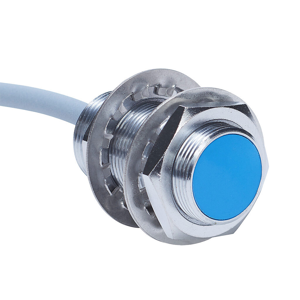 DW-AD-509-M18-120 - Contrinex inductive proximity sensor, tubular, 18mm diameter x 36mm body, chrome-plated brass housing, 0-5 VDC or 1-5 mA analog output, 10mm sensing distance, semi-flush, IP67, pigtail.