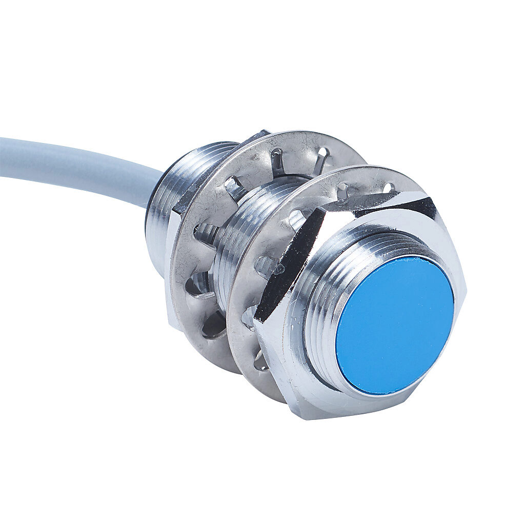 DW-AD-509-M18-320 - Contrinex inductive proximity sensor, tubular, 18mm diameter x 36mm body, chrome-plated brass housing, 0-10 VDC or 4-20 mA analog output, 10mm sensing distance, semi-flush, IP67, pigtail.