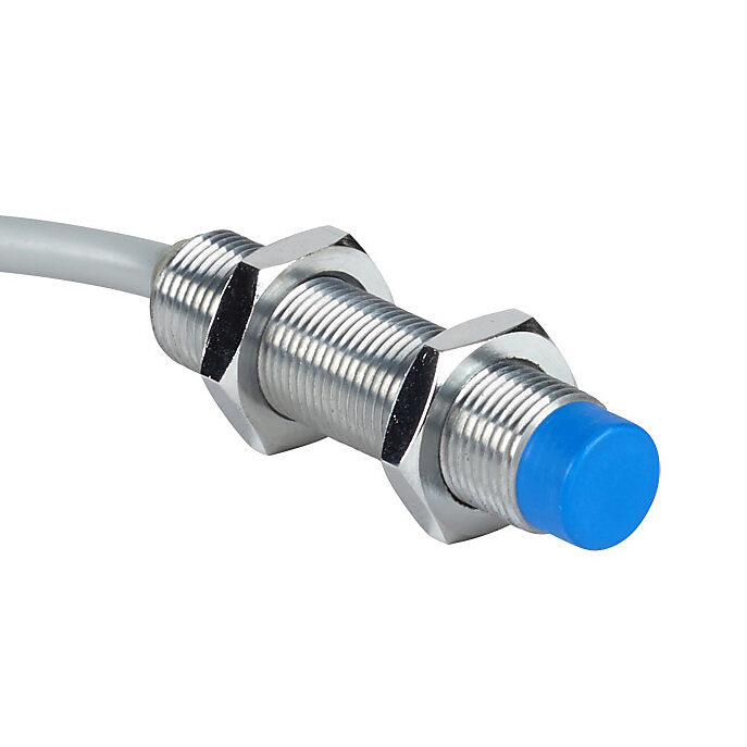 DW-AD-511-M12 - Contrinex inductive proximity sensor, tubular, 12mm diameter x 50mm body, chrome-plated brass housing, NPN, N.O. output, 10mm sensing distance, non-flush, 400 Hz switching frequency, IP67, pigtail.