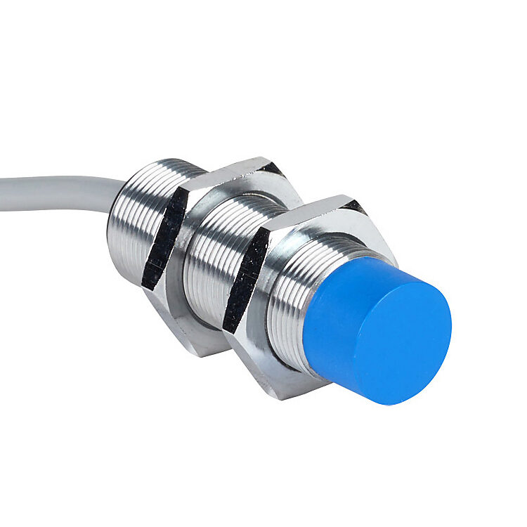 DW-AD-511-M18 - Contrinex inductive proximity sensor, tubular, 18mm diameter x 51mm body, chrome-plated brass housing, NPN, N.O. output, 20mm sensing distance, non-flush, 500 Hz switching frequency, IP67, pigtail.
