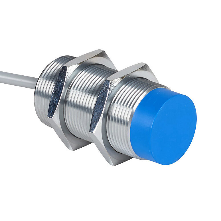 DW-AD-511-M30 - Contrinex inductive proximity sensor, tubular, 30mm diameter x 60mm body, chrome-plated brass housing, NPN, N.O. output, 40mm sensing distance, non-flush, 100 Hz switching frequency, IP67, pigtail.