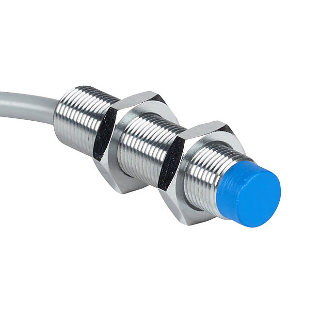 DW-AD-513-M12 - Contrinex inductive proximity sensor, tubular, 12mm diameter x 50mm body, chrome-plated brass housing, PNP, N.O. output, 10mm sensing distance, non-flush, 400 Hz switching frequency, IP67, pigtail.