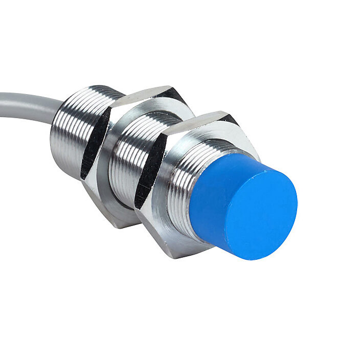 DW-AD-513-M18 - Contrinex inductive proximity sensor, tubular, 18mm diameter x 51mm body, chrome-plated brass housing, PNP, N.O. output, 20mm sensing distance, non-flush, 500 Hz switching frequency, IP67, pigtail.