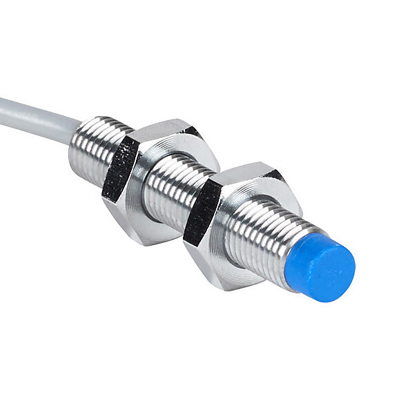 DW-AD-513-M8 - Contrinex inductive proximity sensor, tubular, 8mm diameter x 45mm body, chrome-plated brass housing, PNP, N.O. output, 6mm sensing distance, non-flush, 500 Hz switching frequency, IP67, pigtail.