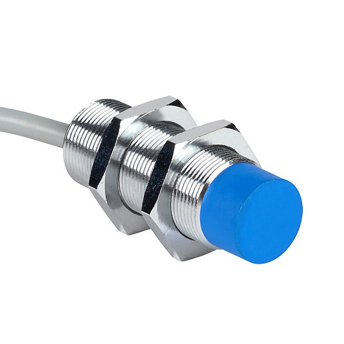 DW-AD-514-M18 - Contrinex inductive proximity sensor, tubular, 18mm diameter x 51mm body, chrome-plated brass housing, PNP, N.C. output, 20mm sensing distance, non-flush, 500 Hz switching frequency, IP67, pigtail.