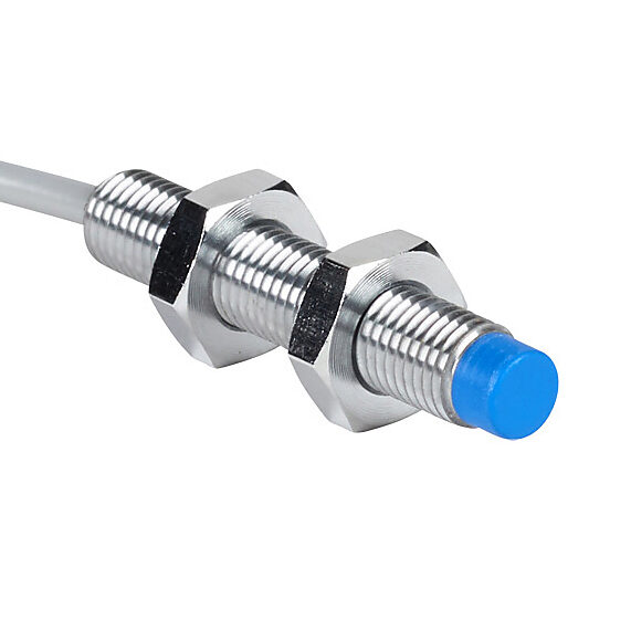 DW-AD-514-M8 - Contrinex inductive proximity sensor, tubular, 8mm diameter x 45mm body, chrome-plated brass housing, PNP, N.C. output, 6mm sensing distance, non-flush, 500 Hz switching frequency, IP67, pigtail.