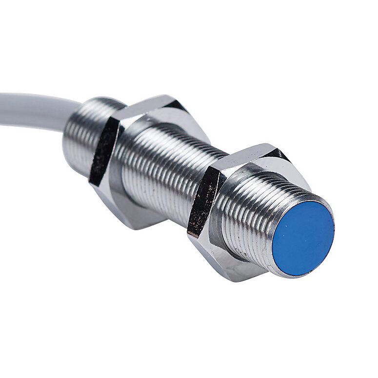 DW-AD-521-M12 - Contrinex inductive proximity sensor, tubular, 12mm diameter x 50mm body, chrome-plated brass housing, NPN, N.O. output, 8mm sensing distance, semi-flush, 400 Hz switching frequency, IP67, pigtail.