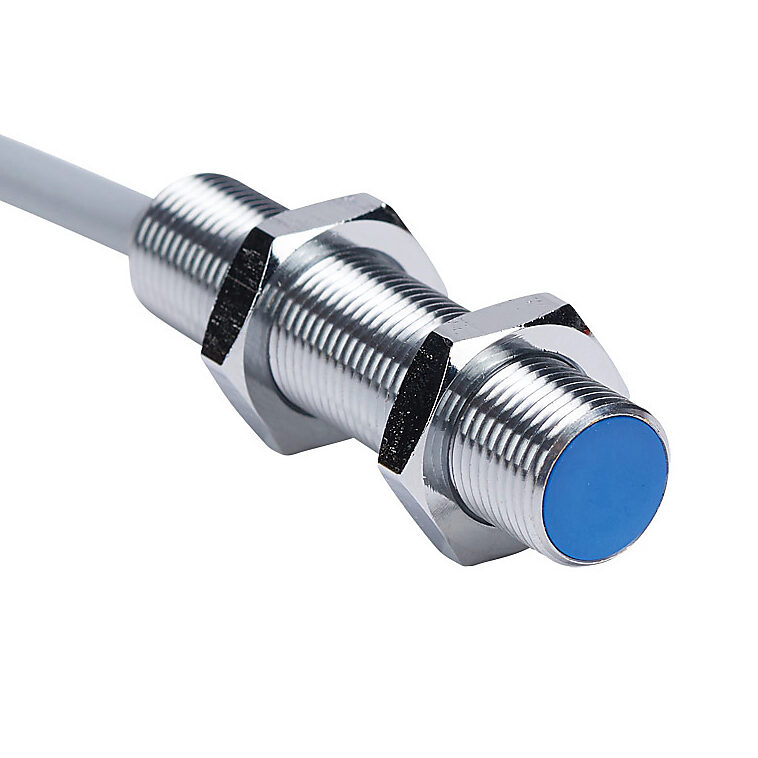 DW-AD-523-M12 - Contrinex inductive proximity sensor, tubular, 12mm diameter x 50mm body, chrome-plated brass housing, PNP, N.O. output, 8mm sensing distance, semi-flush, 400 Hz switching frequency, IP67, pigtail.