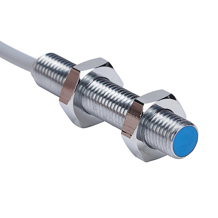 DW-AD-523-M8 - Contrinex inductive proximity sensor, tubular, 8mm diameter x 45mm body, chrome-plated nickel silver housing, PNP, N.O. output, 4mm sensing distance, semi-flush, 500 Hz switching frequency, IP67, pigtail.