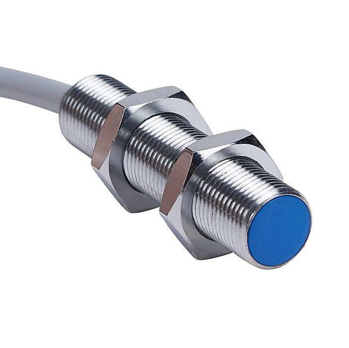 DW-AD-524-M12 - Contrinex inductive proximity sensor, tubular, 12mm diameter x 50mm body, chrome-plated brass housing, PNP, N.C. output, 8mm sensing distance, semi-flush, 400 Hz switching frequency, IP67, pigtail.