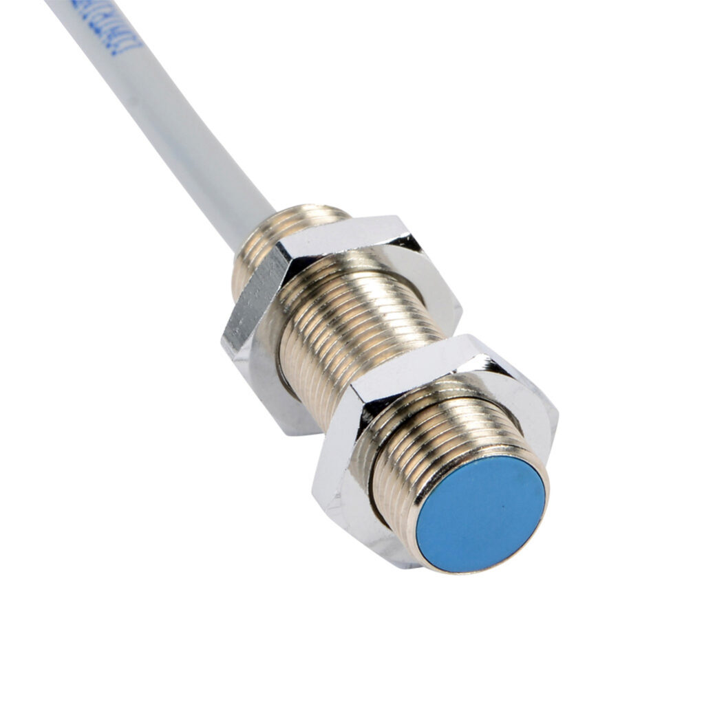 DW-AD-601-M12-120 - Contrinex inductive proximity sensor, tubular, 12mm diameter x 35mm body, nickel-plated brass housing, NPN, N.O. output, 2mm sensing distance, flush, 3 kHz switching frequency, IP67, pigtail.