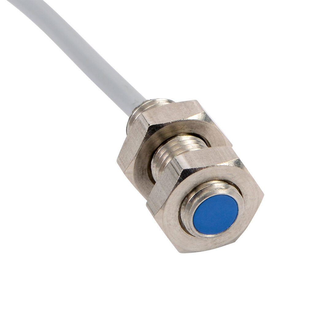 DW-AD-603-M8-121 - Contrinex inductive proximity sensor, tubular, 8mm diameter x 22mm body, 304 stainless steel housing, PNP, N.O. output, 1.5mm sensing distance, flush, 5 kHz switching frequency, IP67, pigtail.