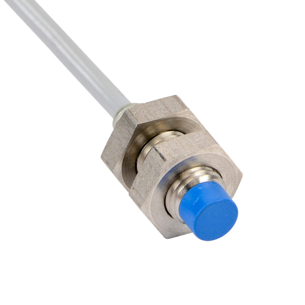DW-AD-611-M8-121 - Contrinex inductive proximity sensor, tubular, 8mm diameter x 22mm body, 304 stainless steel housing, NPN, N.O. output, 2.5mm sensing distance, non-flush, 4.5 kHz switching frequency, IP67, pigtail.