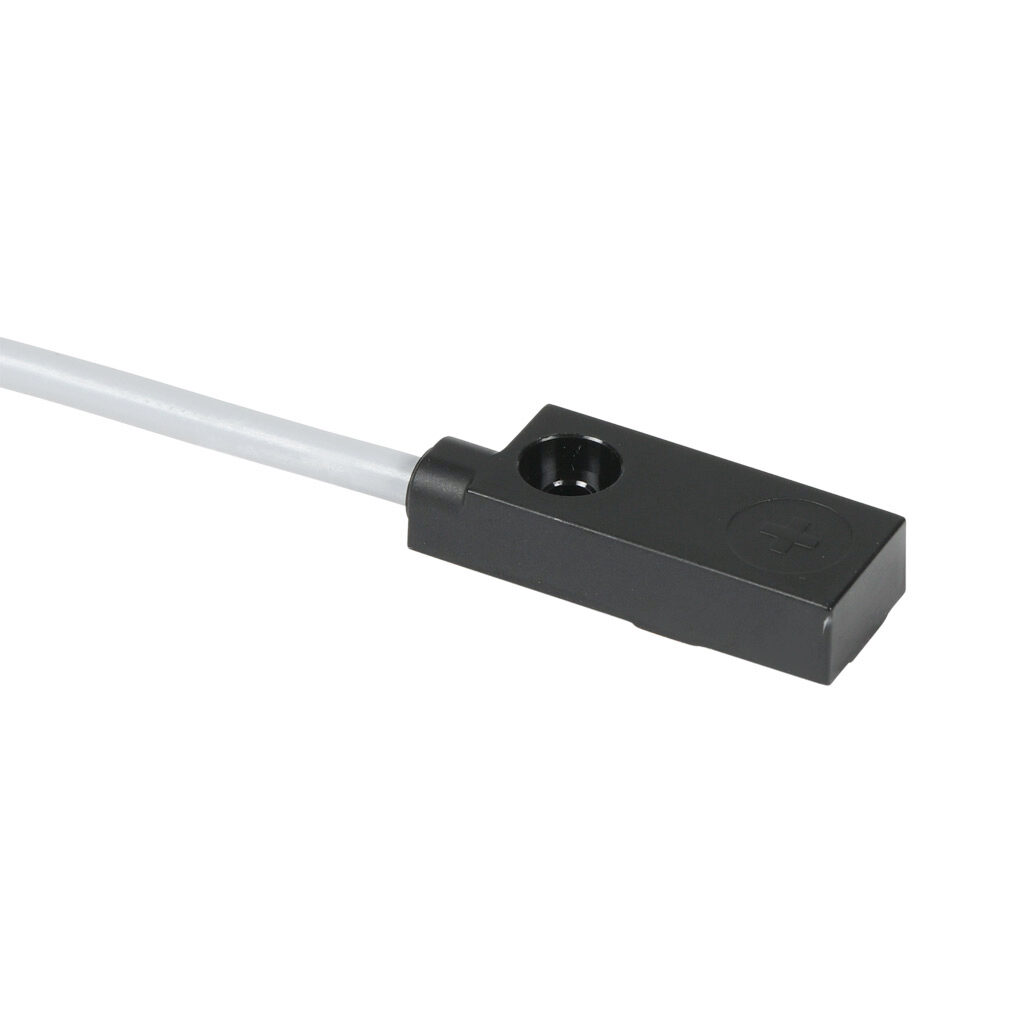 DW-AD-613-C12P - Contrinex inductive proximity sensor, rectangular, 12 x 27 x 6.5mm body, polycarbonate housing, top sensing, PNP, N.O. output, 4mm sensing distance, non-flush, 2000 Hz switching frequency, IP67, pigtail.