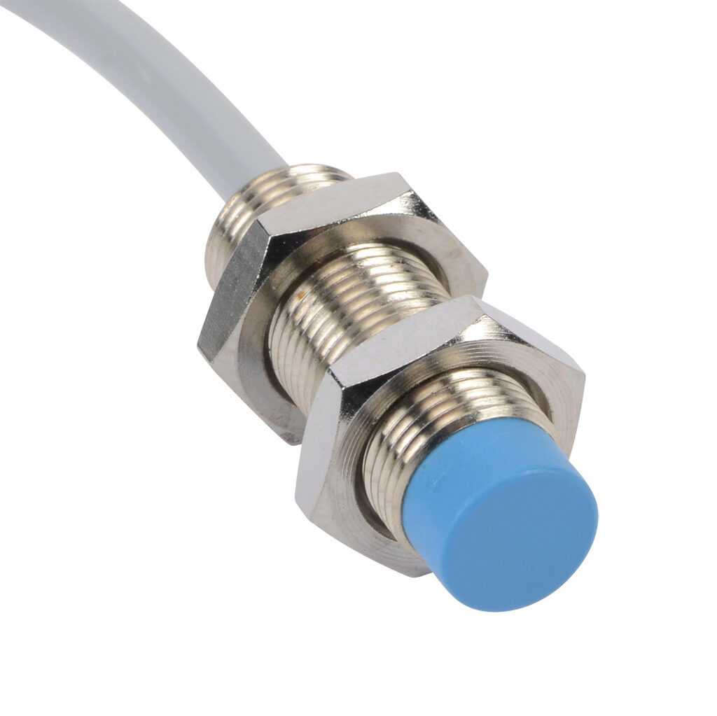DW-AD-613-M12-120 - Contrinex inductive proximity sensor, tubular, 12mm diameter x 35mm body, nickel-plated brass housing, PNP, N.O. output, 4mm sensing distance, non-flush, 2 kHz switching frequency, IP67, pigtail.