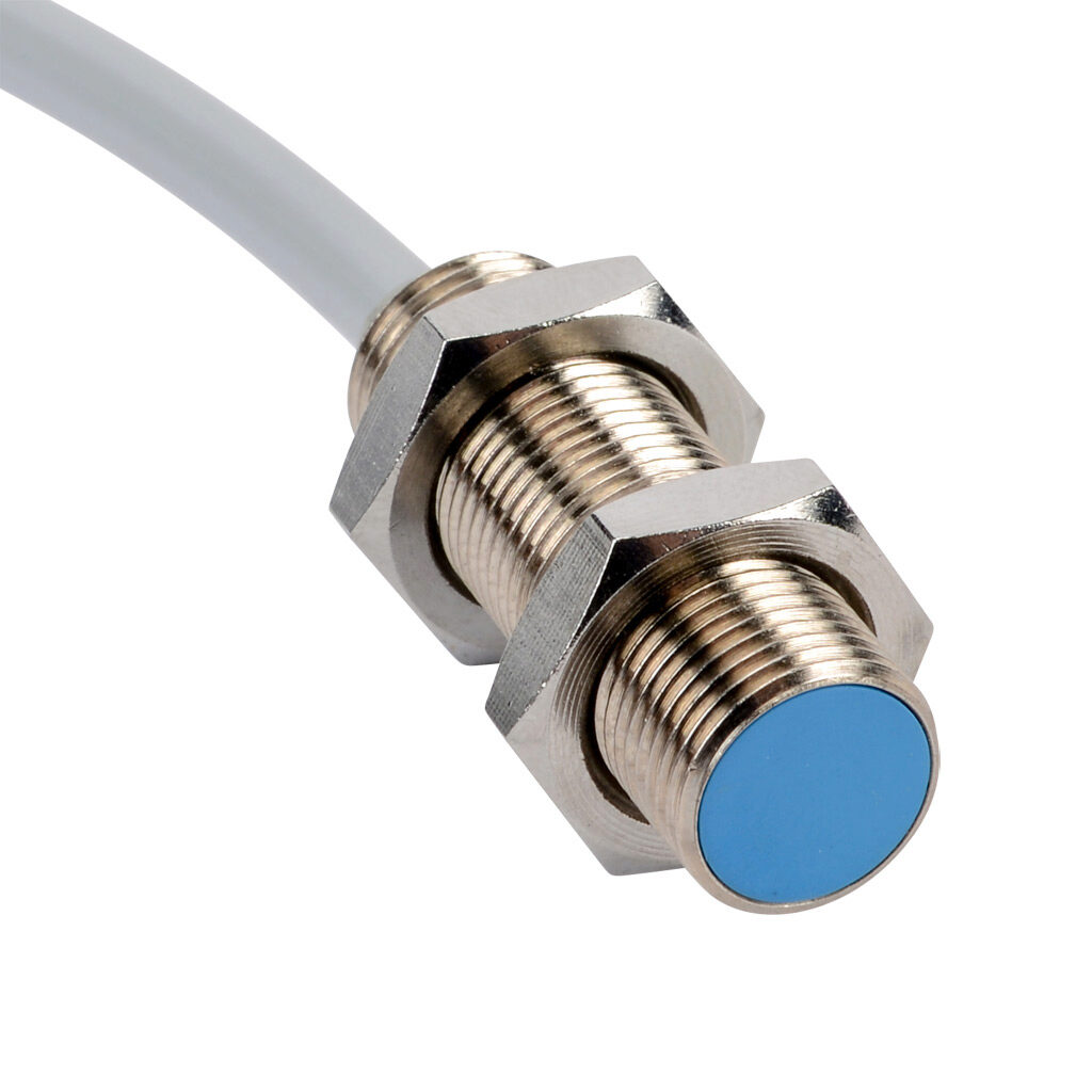 DW-AD-621-M12-120 - Contrinex inductive proximity sensor, tubular, 12mm diameter x 35mm body, nickel-plated brass housing, NPN, N.O. output, 4mm sensing distance, flush, 2.5 kHz switching frequency, IP67, pigtail.