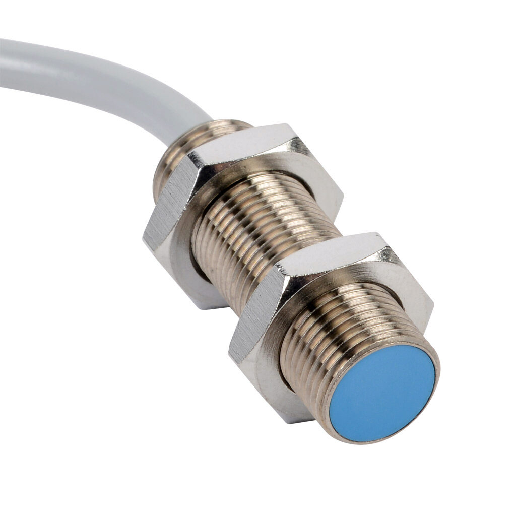 DW-AD-623-M12-120 - Contrinex inductive proximity sensor, tubular, 12mm diameter x 35mm body, nickel-plated brass housing, PNP, N.O. output, 4mm sensing distance, flush, 2.5 kHz switching frequency, IP67, pigtail.