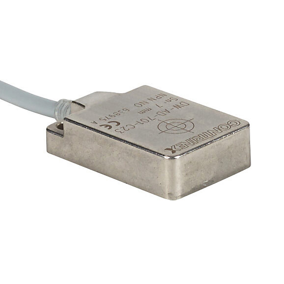 DW-AD-701-C23 - Contrinex inductive proximity sensor, rectangular, 32 x 20 x 8mm body, stainless steel housing, NPN, N.O. output, 7mm sensing distance, flush, 180 Hz switching frequency, IP68 IP69K, pigtail.