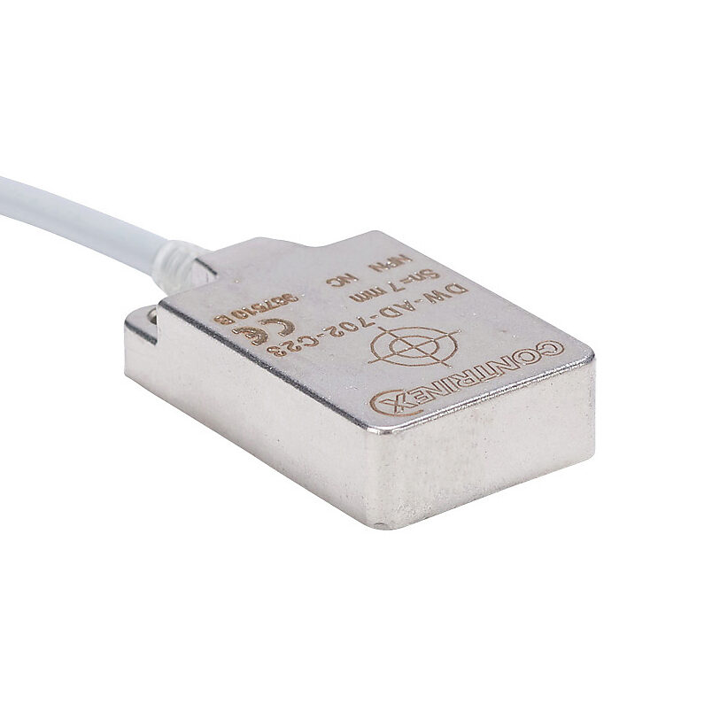 DW-AD-702-C23 - Contrinex inductive proximity sensor, rectangular, 32 x 20 x 8mm body, stainless steel housing, NPN, N.C. output, 7mm sensing distance, flush, 180 Hz switching frequency, IP68 IP69K, pigtail.