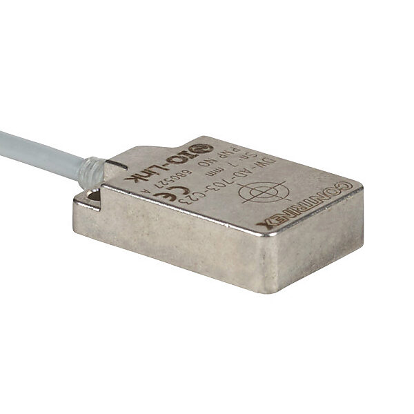 DW-AD-703-C23 - Contrinex inductive proximity sensor, rectangular, 32 x 20 x 8mm body, stainless steel housing, PNP, N.O. output, 7mm sensing distance, flush, 180 Hz switching frequency, IP68 IP69K, pigtail.