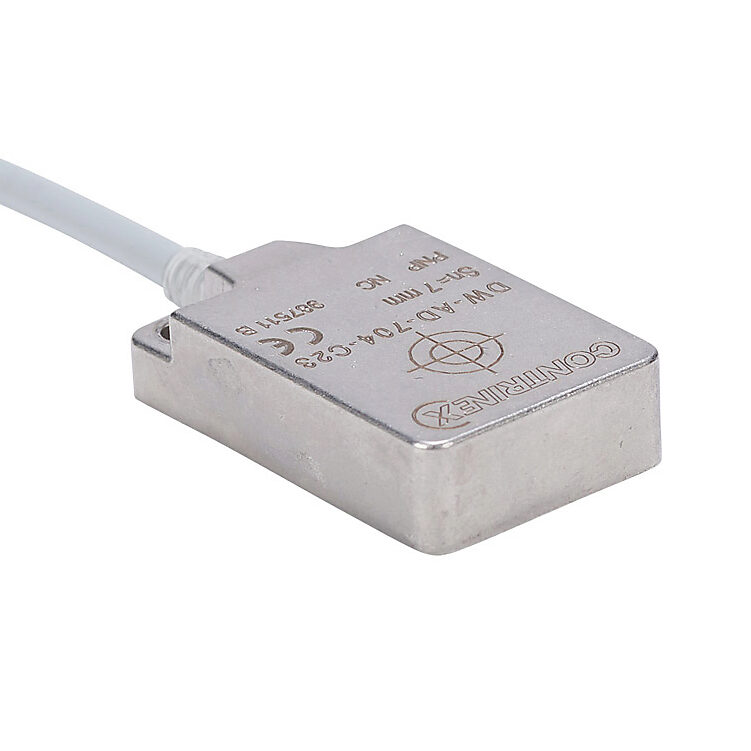 DW-AD-704-C23 - Contrinex inductive proximity sensor, rectangular, 32 x 20 x 8mm body, stainless steel housing, PNP, N.C. output, 7mm sensing distance, flush, 180 Hz switching frequency, IP68 IP69K, pigtail.