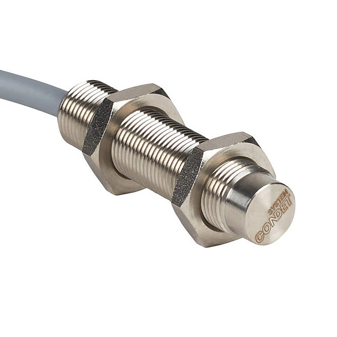 DW-AD-711-M12 - Contrinex inductive proximity sensor, tubular, 12mm diameter x 50mm body, stainless steel housing, NPN, N.O. output, 10mm sensing distance, non-flush, 400 Hz switching frequency, IP68 IP69K, pigtail.