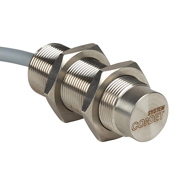 DW-AD-711-M18 - Contrinex inductive proximity sensor, tubular, 18mm diameter x 50mm body, stainless steel housing, NPN, N.O. output, 20mm sensing distance, non-flush, 200 Hz switching frequency, IP68 IP69K, pigtail.