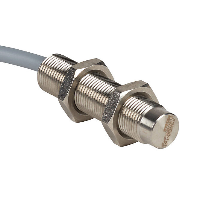 DW-AD-712-M12 - Contrinex inductive proximity sensor, tubular, 12mm diameter x 50mm body, stainless steel housing, NPN, N.C. output, 10mm sensing distance, non-flush, 400 Hz switching frequency, IP68 IP69K, pigtail.