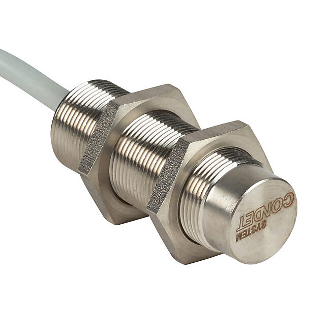 DW-AD-712-M18 - Contrinex inductive proximity sensor, tubular, 18mm diameter x 50mm body, stainless steel housing, NPN, N.C. output, 20mm sensing distance, non-flush, 200 Hz switching frequency, IP68 IP69K, pigtail.