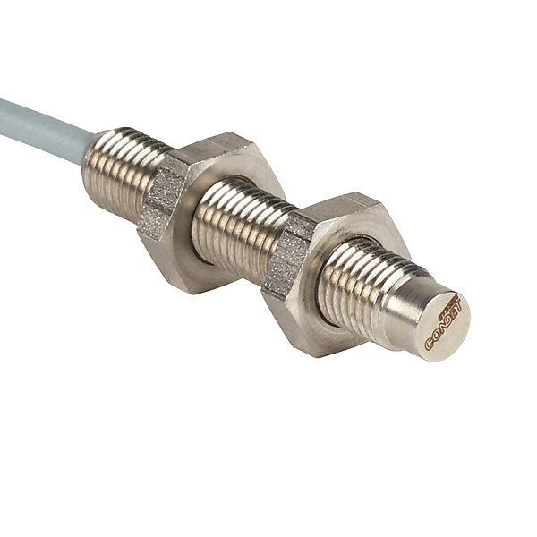 DW-AD-712-M8 - Contrinex inductive proximity sensor, tubular, 8mm diameter x 45mm body, stainless steel housing, NPN, N.C. output, 6mm sensing distance, non-flush, 700 Hz switching frequency, IP67 IP68, pigtail.