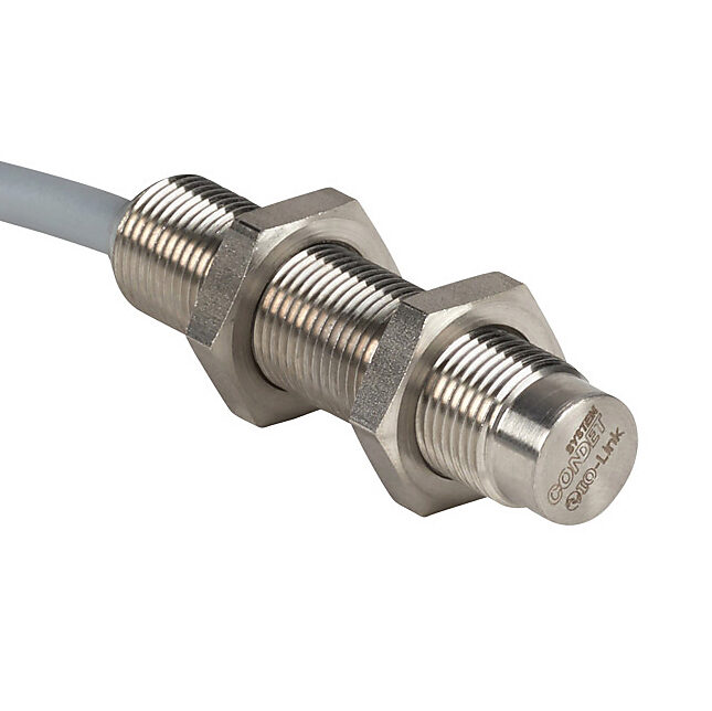 DW-AD-713-M12 - Contrinex inductive proximity sensor, tubular, 12mm diameter x 50mm body, stainless steel housing, PNP, N.O. output, 10mm sensing distance, non-flush, 400 Hz switching frequency, IP68 IP69K, pigtail.