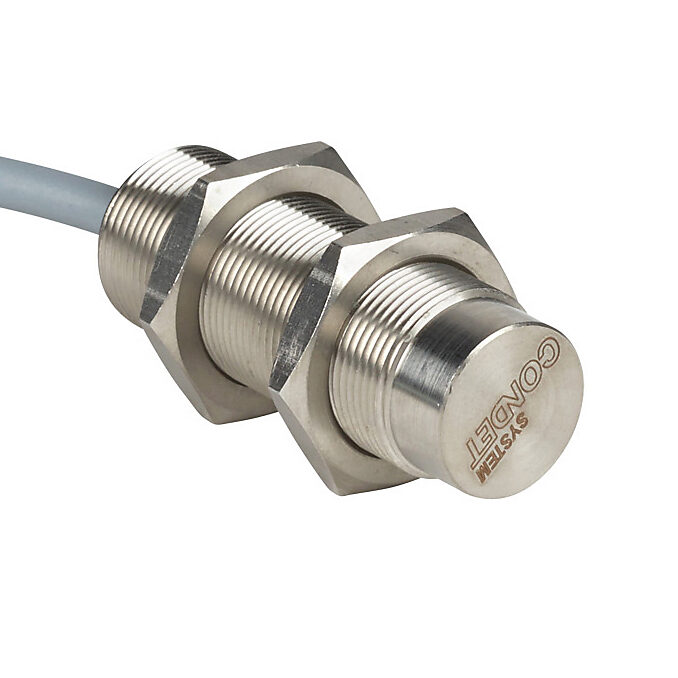 DW-AD-713-M18 - Contrinex inductive proximity sensor, tubular, 18mm diameter x 50mm body, stainless steel housing, PNP, N.O. output, 20mm sensing distance, non-flush, 200 Hz switching frequency, IP68 IP69K, pigtail.
