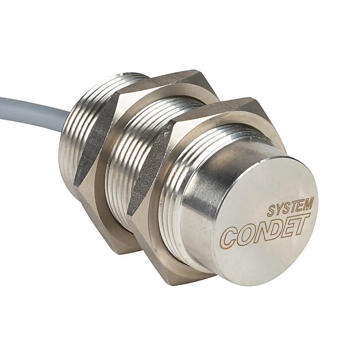 DW-AD-713-M30 - Contrinex inductive proximity sensor, tubular, 30mm diameter x 50mm body, stainless steel housing, PNP, N.O. output, 40mm sensing distance, non-flush, 90 Hz switching frequency, IP68 IP69K, pigtail.