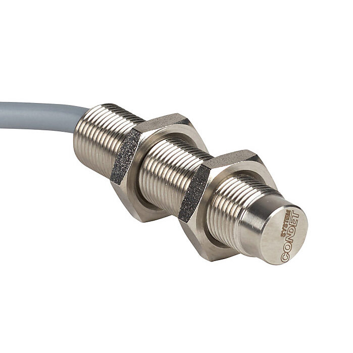 DW-AD-714-M12 - Contrinex inductive proximity sensor, tubular, 12mm diameter x 50mm body, stainless steel housing, PNP, N.C. output, 10mm sensing distance, non-flush, 400 Hz switching frequency, IP68 IP69K, pigtail.
