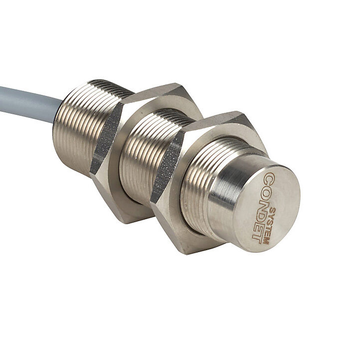 DW-AD-714-M18 - Contrinex inductive proximity sensor, tubular, 18mm diameter x 50mm body, stainless steel housing, PNP, N.C. output, 20mm sensing distance, non-flush, 200 Hz switching frequency, IP68 IP69K, pigtail.