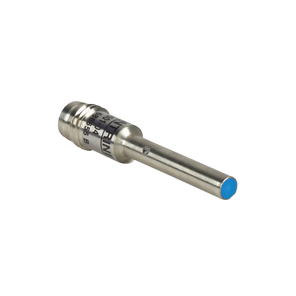 DW-AS-501-04 - Contrinex inductive proximity sensor, tubular, 4mm diameter x 38mm body, nickel silver housing, NPN, N.O. output, 2.5mm sensing distance, semi-flush, 800 Hz switching frequency, IP67, 3-pin M8 quick-disconnect.