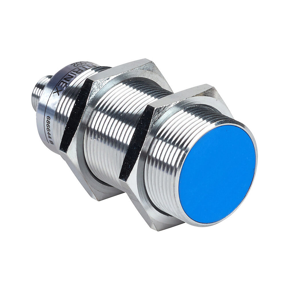 DW-AS-501-M30-002 - Contrinex inductive proximity sensor, tubular, 30mm diameter x 73.5mm body, chrome-plated brass housing, NPN, N.O. output, 22mm sensing distance, semi-flush, 200 Hz switching frequency, IP67, 4-pin M12 quick-disconnect.