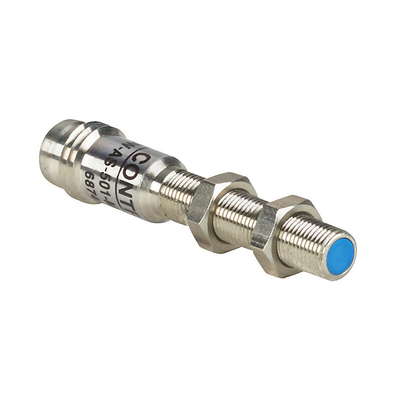 DW-AS-501-M5 - Contrinex inductive proximity sensor, tubular, 5mm diameter x 38mm body, nickel silver housing, NPN, N.O. output, 2.5mm sensing distance, semi-flush, 800 Hz switching frequency, IP67, 3-pin M8 quick-disconnect.