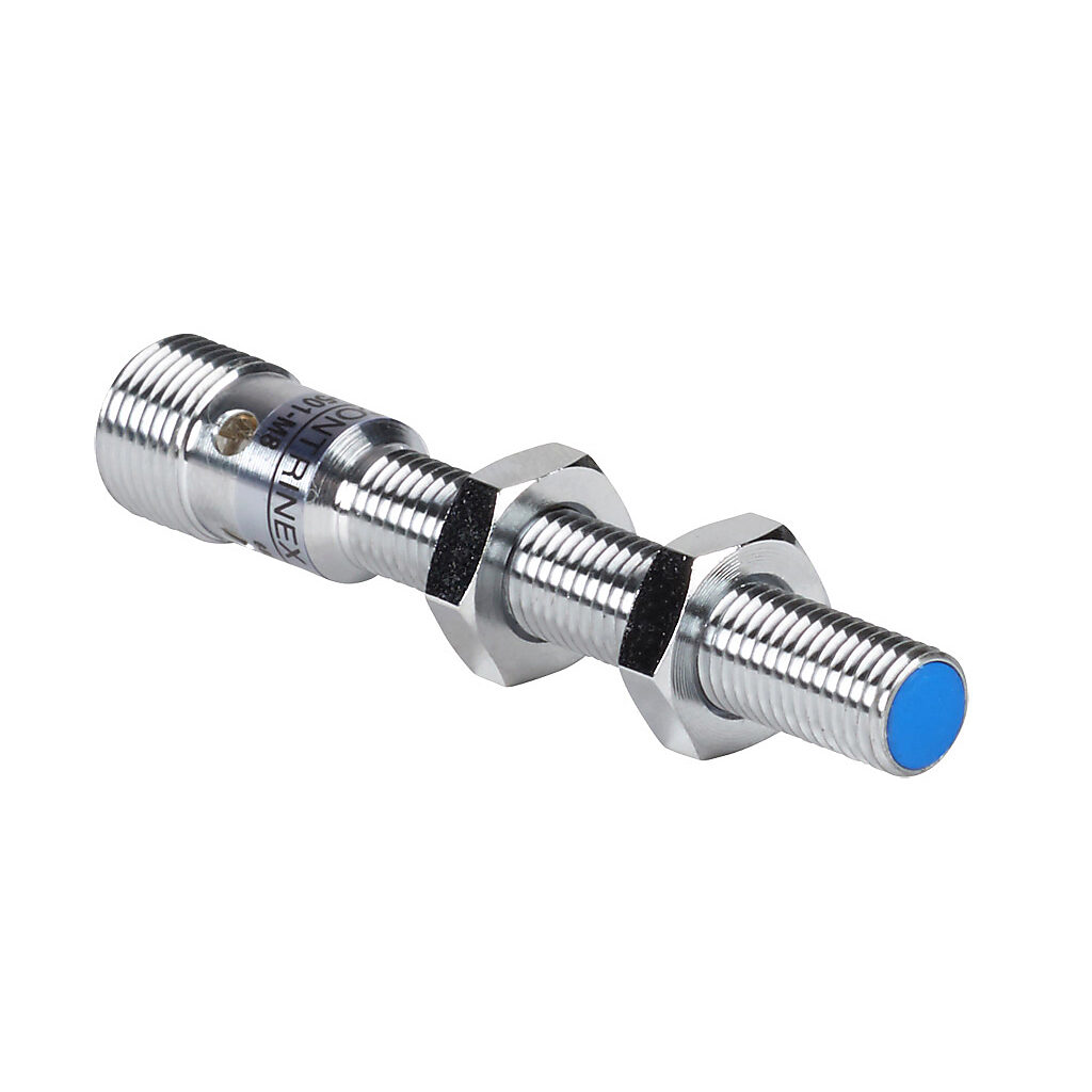 DW-AS-501-M8 - Contrinex inductive proximity sensor, tubular, 8mm diameter x 66mm body, chrome-plated nickel silver housing, NPN, N.O. output, 3mm sensing distance, semi-flush, 1 kHz switching frequency, IP67, 4-pin M12 quick-disconnect.