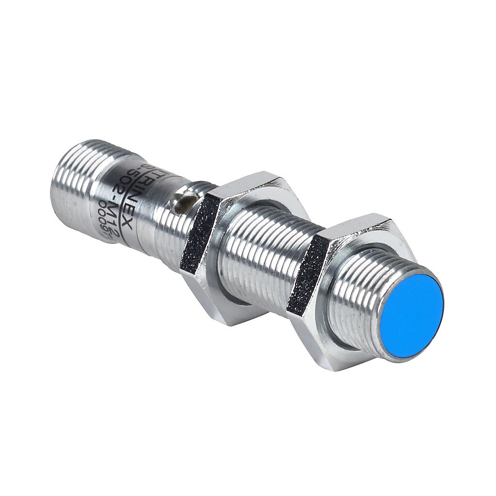 DW-AS-502-M12 - Contrinex inductive proximity sensor, tubular, 12mm diameter x 60mm body, chrome-plated brass housing, NPN, N.C. output, 6mm sensing distance, semi-flush, 800 Hz switching frequency, IP67, 4-pin M12 quick-disconnect.