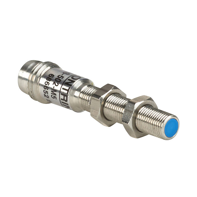 DW-AS-502-M5 - Contrinex inductive proximity sensor, tubular, 5mm diameter x 38mm body, nickel silver housing, NPN, N.C. output, 2.5mm sensing distance, semi-flush, 800 Hz switching frequency, IP67, 3-pin M8 quick-disconnect.
