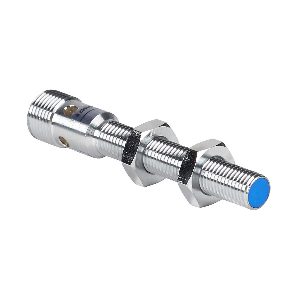 DW-AS-502-M8 - Contrinex inductive proximity sensor, tubular, 8mm diameter x 66mm body, chrome-plated nickel silver housing, NPN, N.C. output, 3mm sensing distance, semi-flush, 1 kHz switching frequency, IP67, 4-pin M12 quick-disconnect.