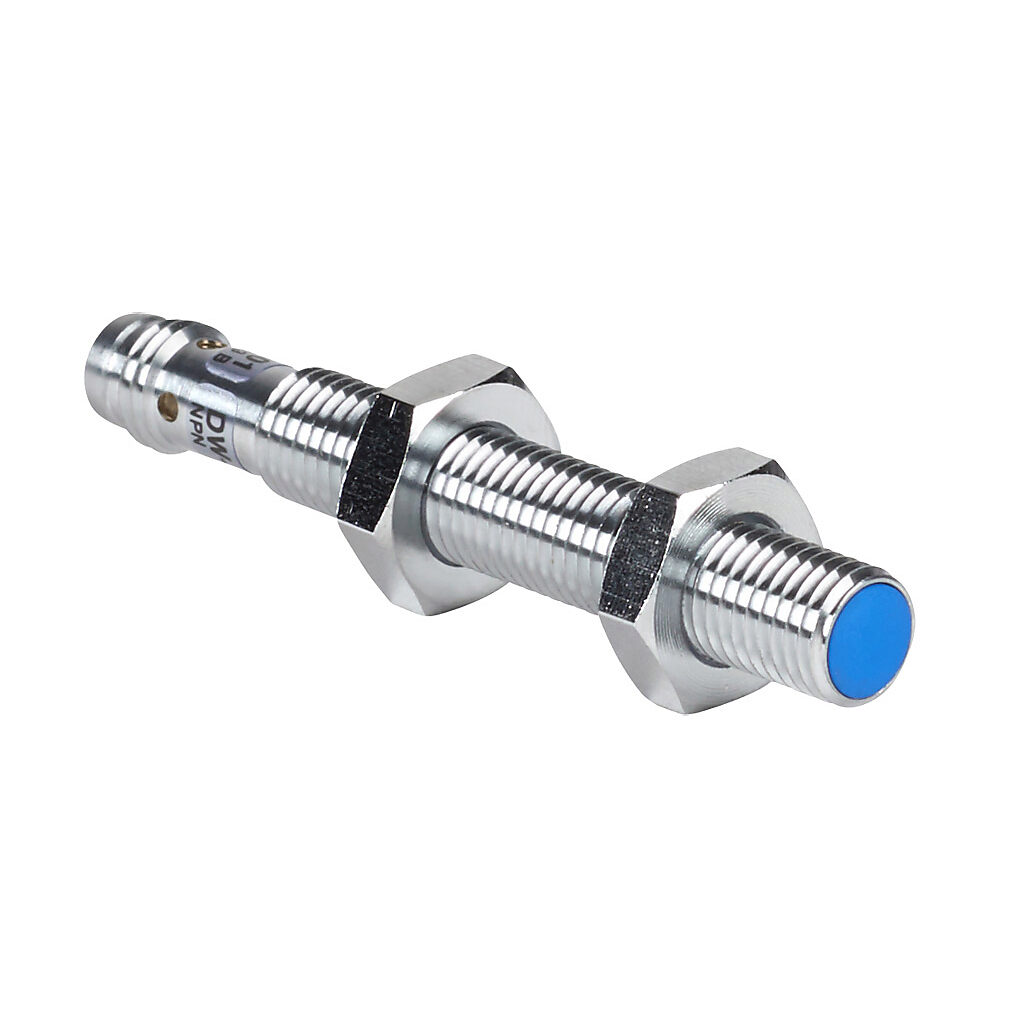 DW-AS-502-M8-001 - Contrinex inductive proximity sensor, tubular, 8mm diameter x 60mm body, chrome-plated nickel silver housing, NPN, N.C. output, 3mm sensing distance, semi-flush, 1 kHz switching frequency, IP67, 3-pin M8 quick-disconnect.