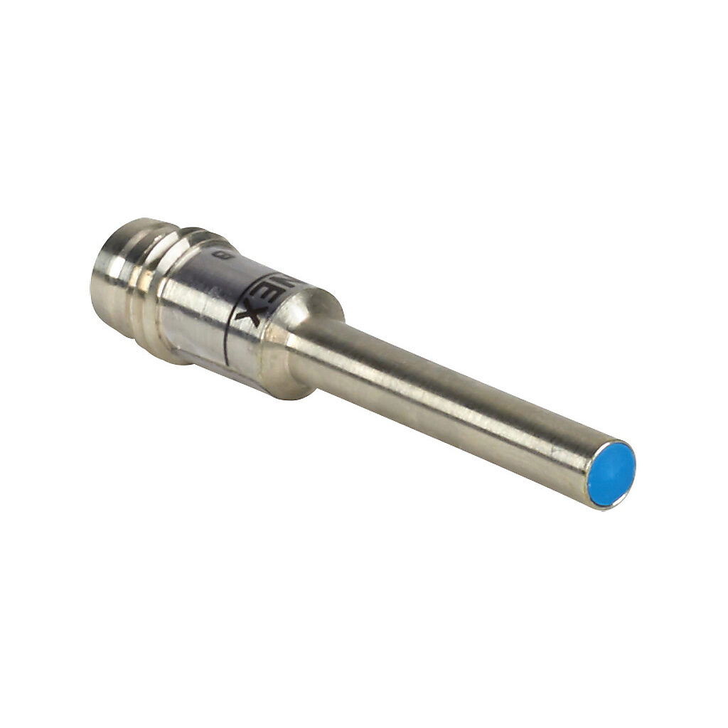 DW-AS-503-04 - Contrinex inductive proximity sensor, tubular, 4mm diameter x 38mm body, nickel silver housing, PNP, N.O. output, 2.5mm sensing distance, semi-flush, 800 Hz switching frequency, IP67, 3-pin M8 quick-disconnect.