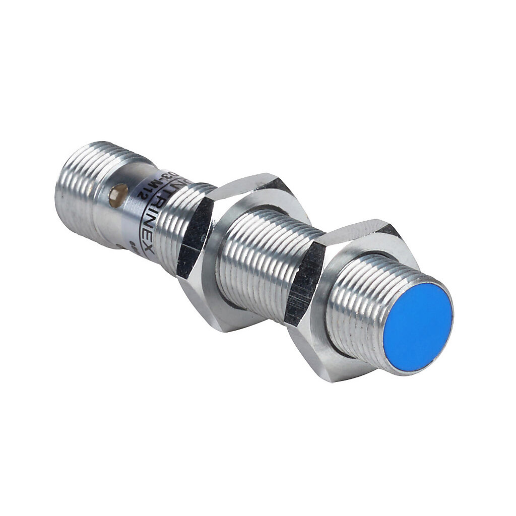 DW-AS-503-M12 - Contrinex inductive proximity sensor, tubular, 12mm diameter x 60mm body, chrome-plated brass housing, PNP, N.O. output, 6mm sensing distance, semi-flush, 800 Hz switching frequency, IP67, 4-pin M12 quick-disconnect.